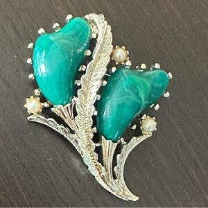 Vintage Coro Faux Pearl Green Stone Brooch